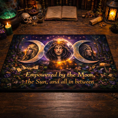 Wicca Pagan doormat with Triple Moon Goddess Hecate design, mystical forest, and "Empowered by the Moon, the Sun, and all in between" text.
