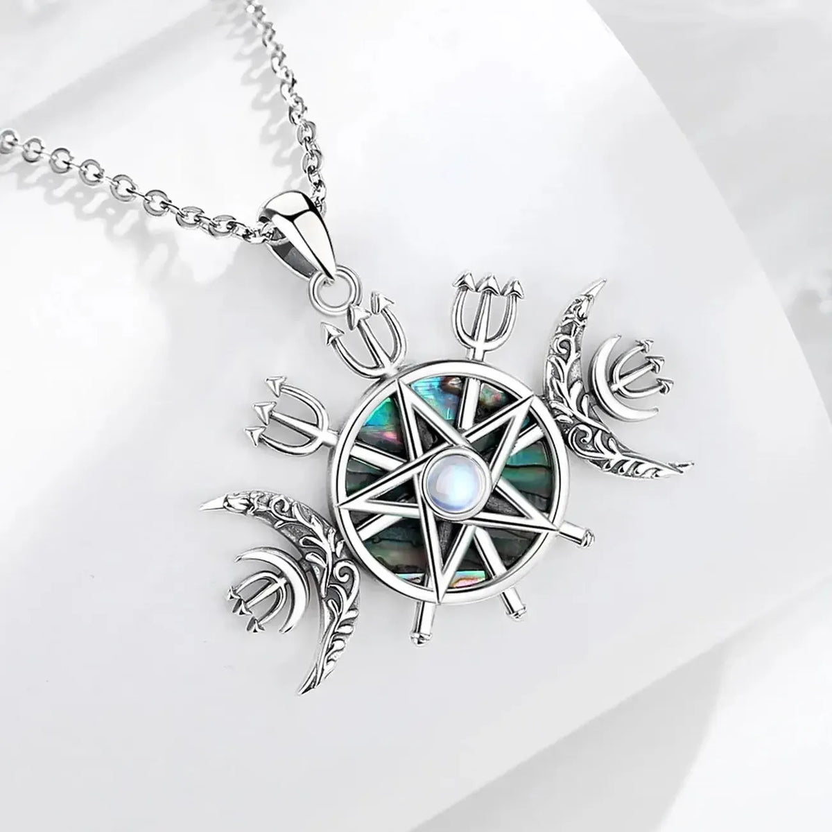 Triple Moon Goddess Necklace, 925 Silver Moonstone Pentagram, product view 2 of 8