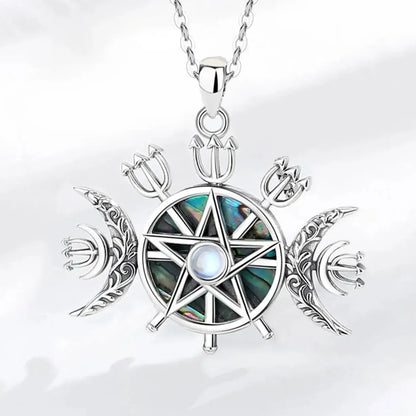 Triple Moon Goddess Necklace, 925 Silver Moonstone Pentagram, product view 3 of 8