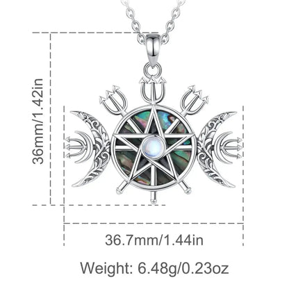 Triple Moon Goddess Necklace, 925 Silver Moonstone Pentagram, product view 5 of 8