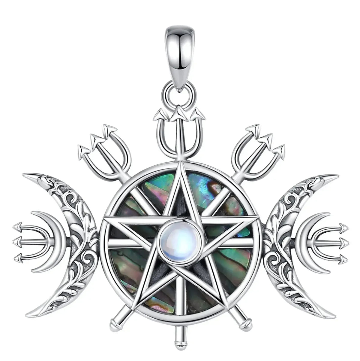 Triple Moon Goddess Necklace, 925 Silver Moonstone Pentagram, product view 7 of 8