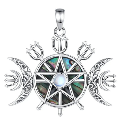 Triple Moon Goddess Necklace, 925 Silver Moonstone Pentagram, product view 7 of 8