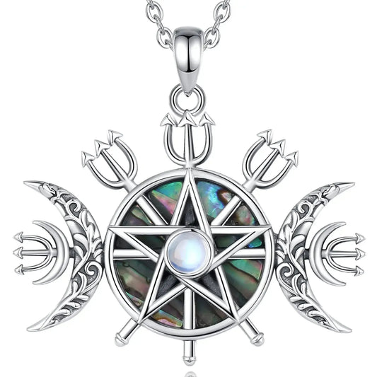 Triple Moon Goddess Necklace, 925 Silver Moonstone Pentagram, product view 1 of 8