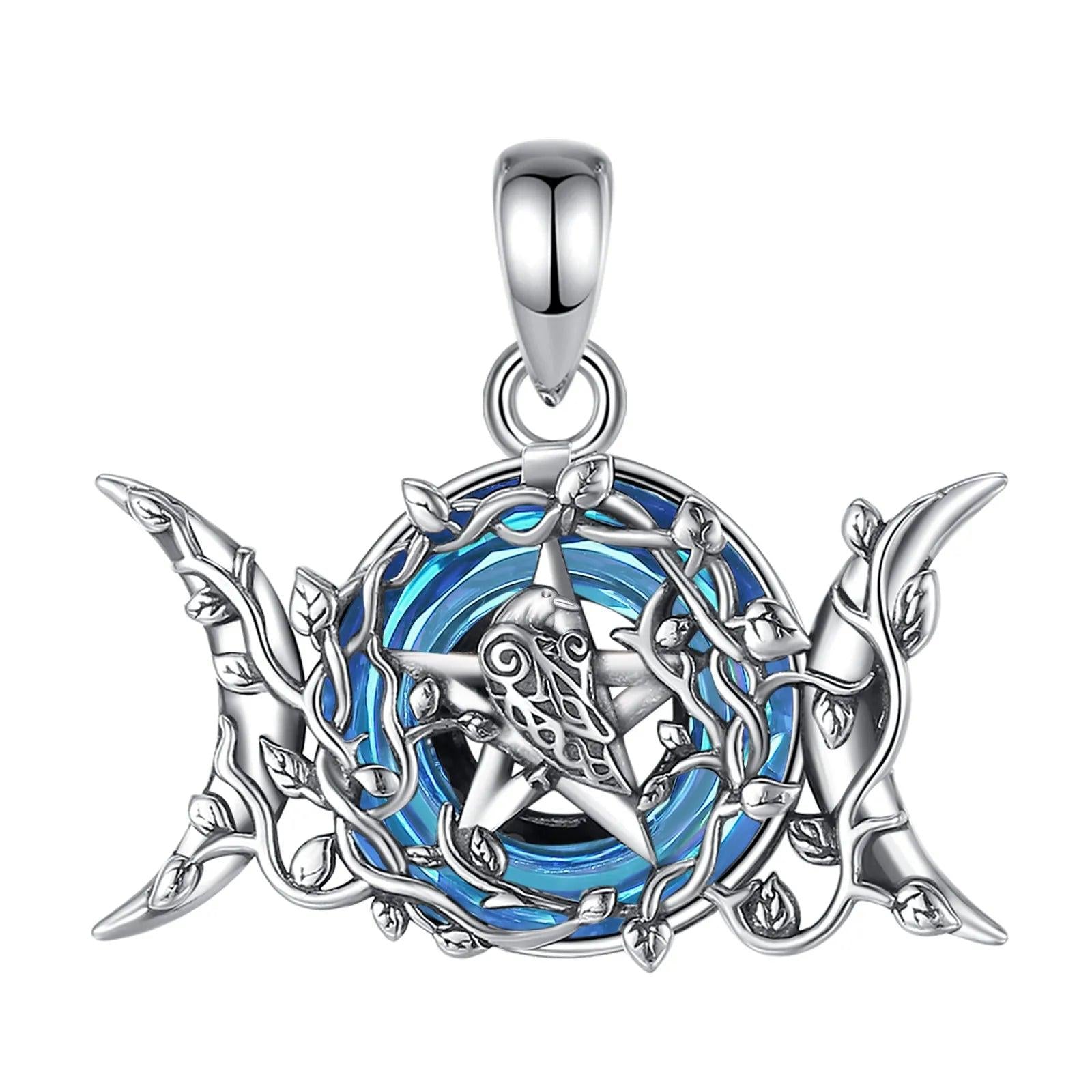 Triple Moon Goddess Necklace Blue Crystal Wiccan Moon Necklace 925 Silver Pagan Jewelry-MoonChildWorld