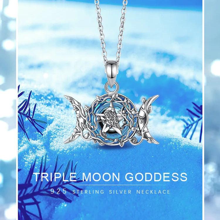 Triple Moon Goddess Necklace Blue Crystal Wiccan Moon Necklace 925 Silver Pagan Jewelry-MoonChildWorld