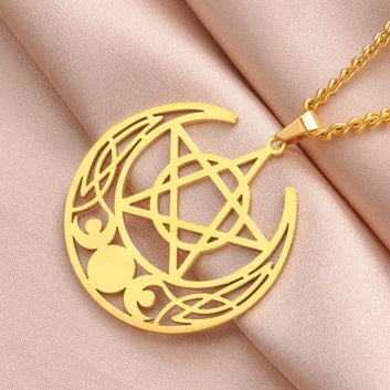 Triple Moon Goddess Necklace Crescent Moon Pentacle Witchcraft Jewelry