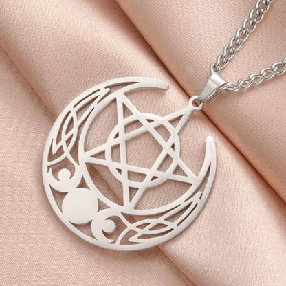 Triple Moon Goddess Necklace Crescent Moon Pentacle Witchcraft Jewelry-MoonChildWorld