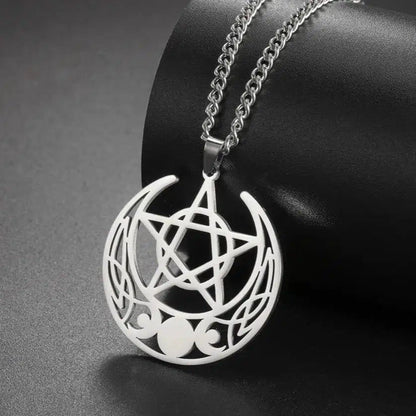 Triple Moon Goddess Necklace Crescent Moon Pentacle Witchcraft Jewelry-MoonChildWorld