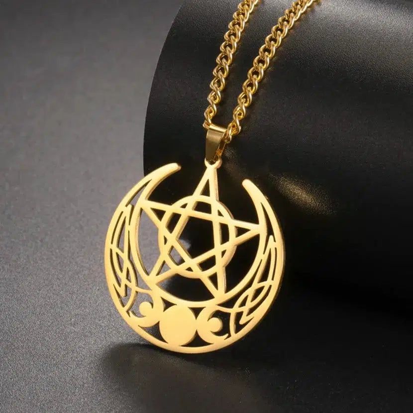 Triple Moon Goddess Necklace Crescent Moon Pentacle Witchcraft Jewelry-MoonChildWorld