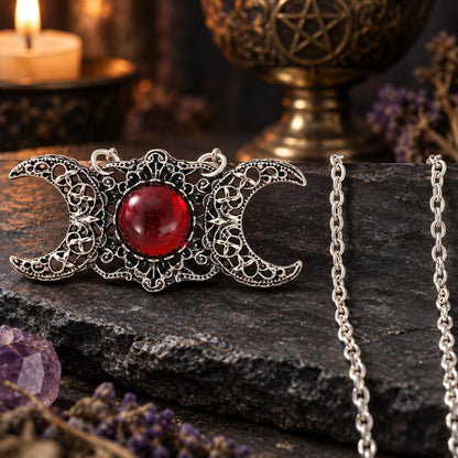 Triple Moon Goddess necklace with red center stone in dark Wiccan scene, view 3