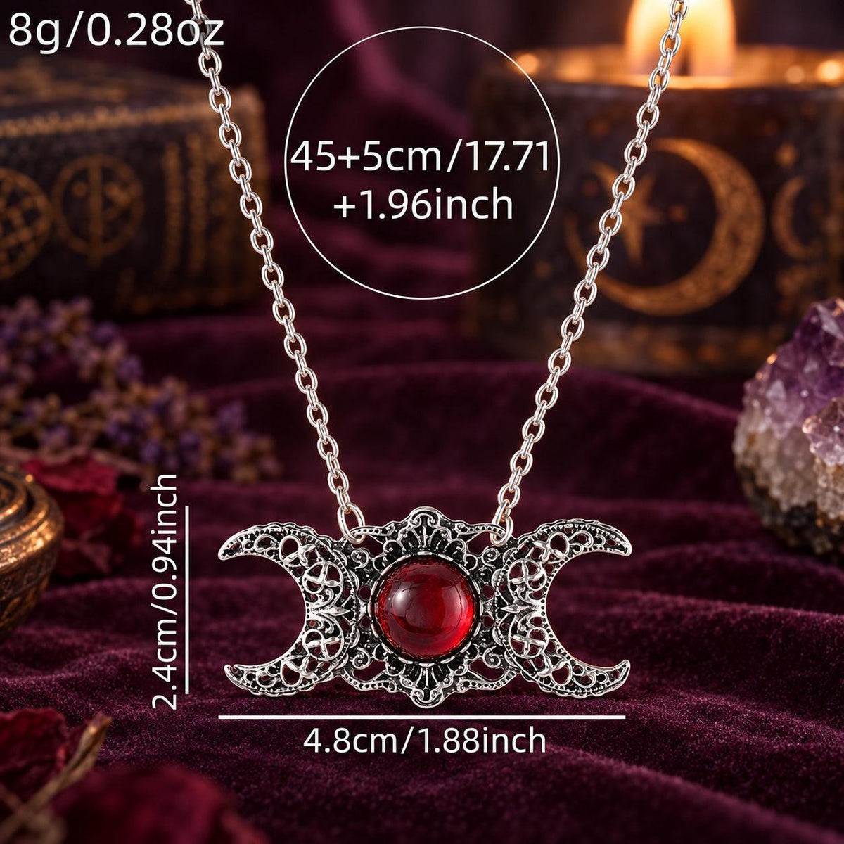Triple Moon Goddess necklace with red center stone in dark Wiccan scene, view 4