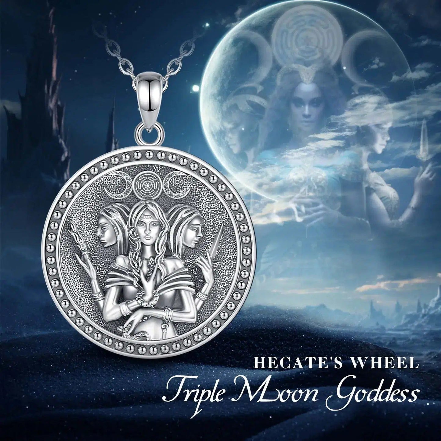 Sterling silver Triple Moon Goddess Hecate amulet necklace with Witch Knot, 18-inch chain, and full moon background.