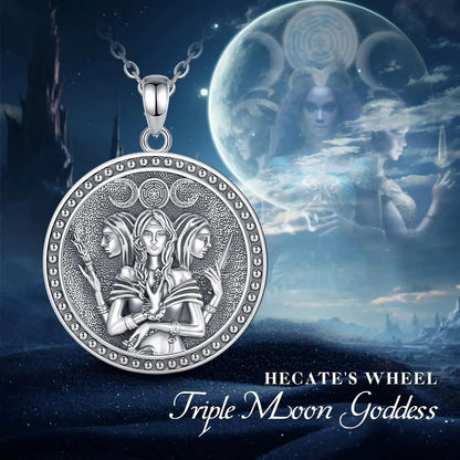 Sterling silver Triple Moon Goddess Hecate amulet necklace with Witch Knot, 18-inch chain, and full moon background.