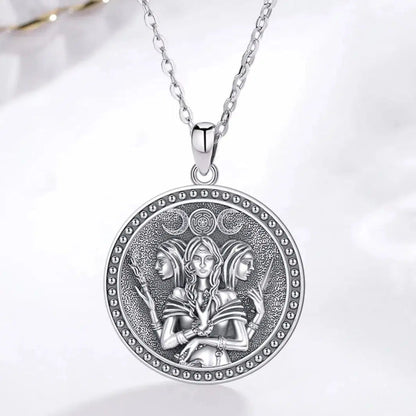 Sterling silver Triple Moon Goddess Hecate Amulet necklace, 35.6x26.6mm pendant with Witch Knot design.