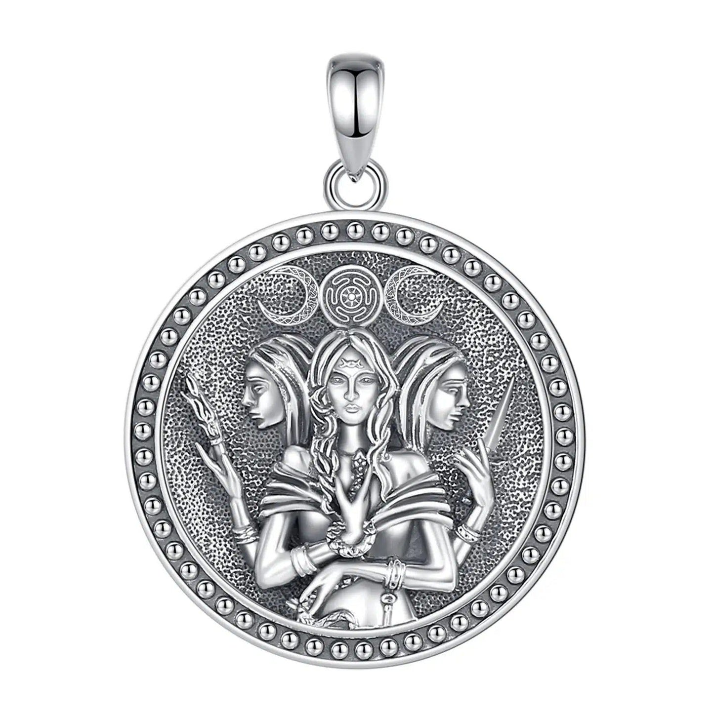 Sterling silver Triple Moon Goddess Hecate amulet pendant, featuring three goddesses and a Witch Knot.