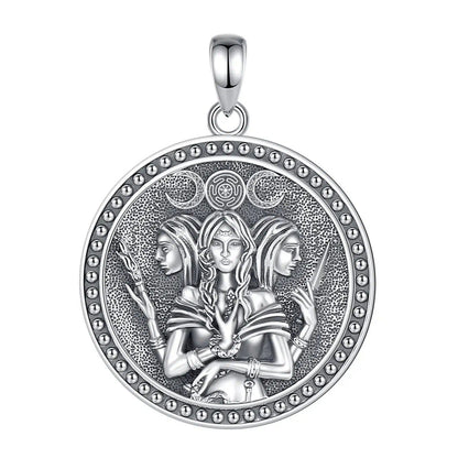 Sterling silver Triple Moon Goddess Hecate amulet pendant, featuring three goddesses and a Witch Knot.