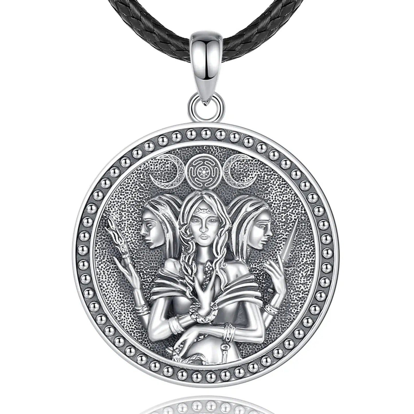 Sterling silver Triple Moon Goddess Hecate amulet with Witch Knot, featuring a detailed three-faced goddess on a black leather cord.