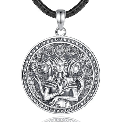 Sterling silver Triple Moon Goddess Hecate amulet with Witch Knot, featuring a detailed three-faced goddess on a black leather cord.
