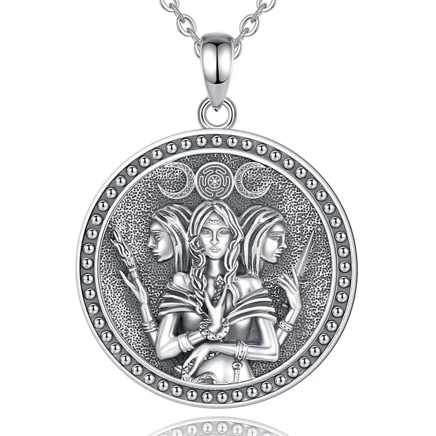 Sterling silver Triple Moon Goddess Hecate amulet necklace with intricate three-faced goddess and Witch Knot design.