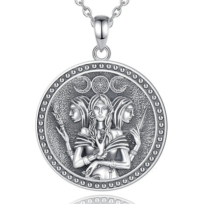 Sterling silver Triple Moon Goddess Hecate amulet necklace with intricate three-faced goddess and Witch Knot design.