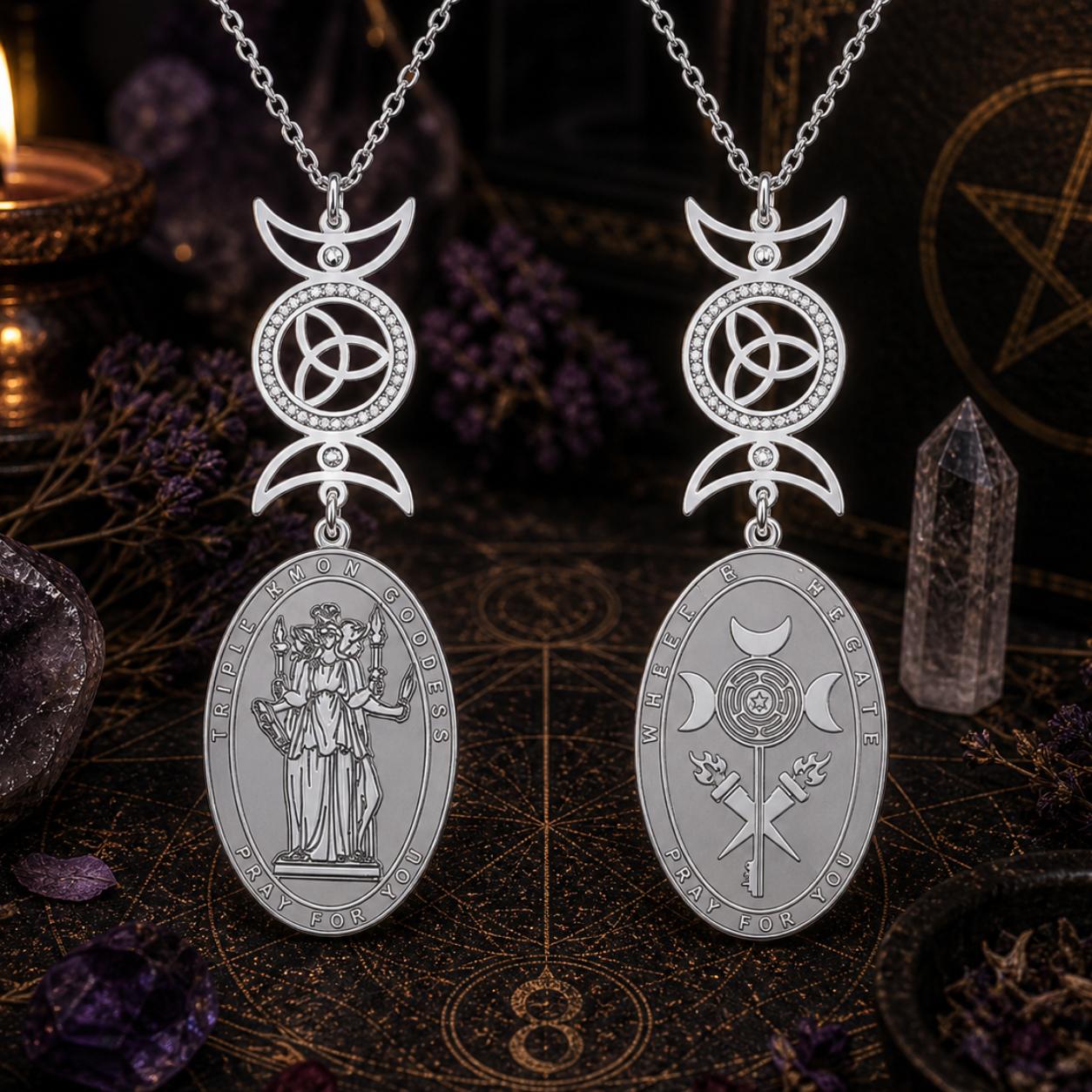 Triple Moon Goddess Necklace Hecate Goddess Wicca Necklace Pagan Jewelry-MoonChildWorld