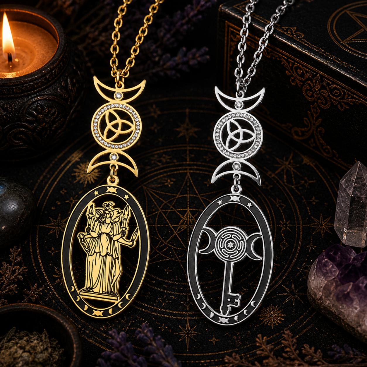 Triple Moon Goddess Necklace Hecate Goddess Wicca Necklace Pagan Jewelry-MoonChildWorld