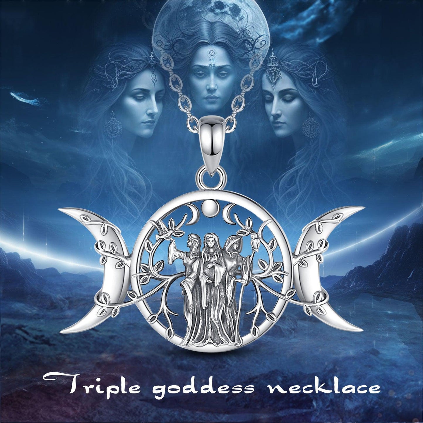 Stunning sterling silver Triple Moon Goddess necklace with Hecate amulet, tree of life, and three figures.