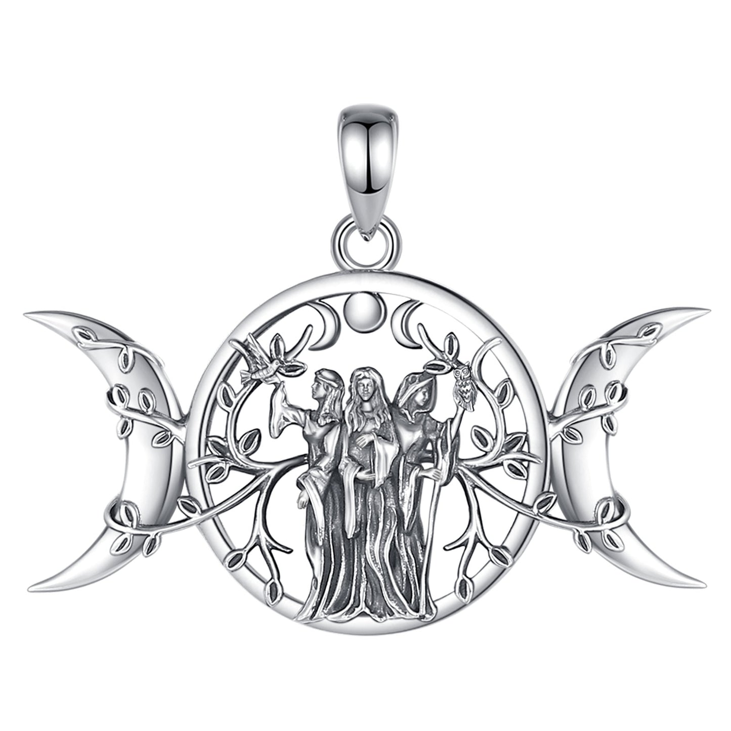 Stunning sterling silver Triple Moon Goddess pendant with three figures and intricate tree of life design.