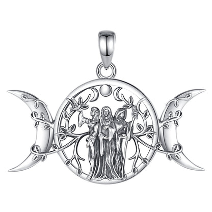 Stunning sterling silver Triple Moon Goddess pendant with three figures and intricate tree of life design.