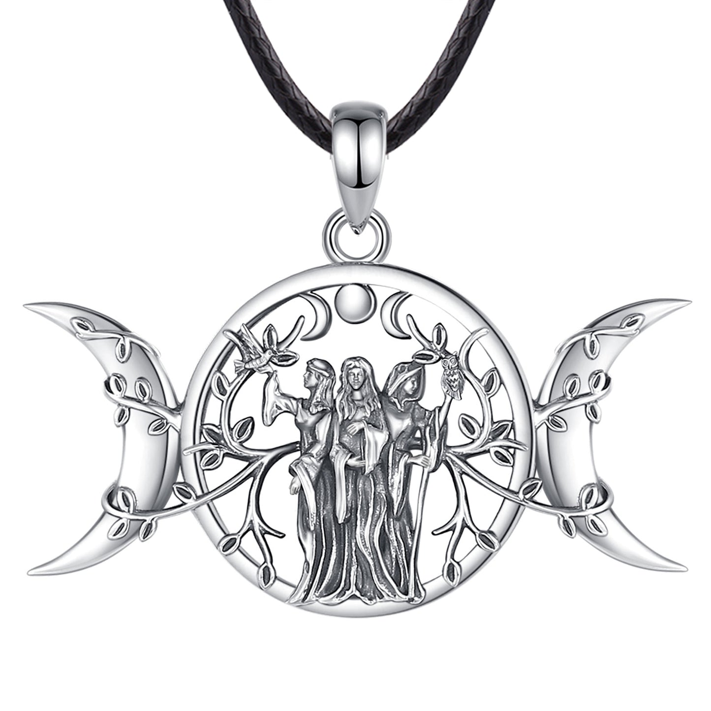 Stunning sterling silver Triple Moon Goddess necklace with Hecate amulet, tree of life, and three figures on a black cord.