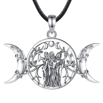 Stunning sterling silver Triple Moon Goddess necklace with Hecate amulet, tree of life, and three figures on a black cord.