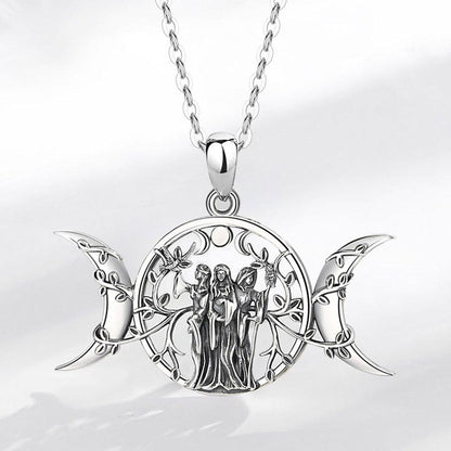 Sterling silver Triple Moon Goddess necklace with Hecate amulet, featuring three figures and intricate vine details.