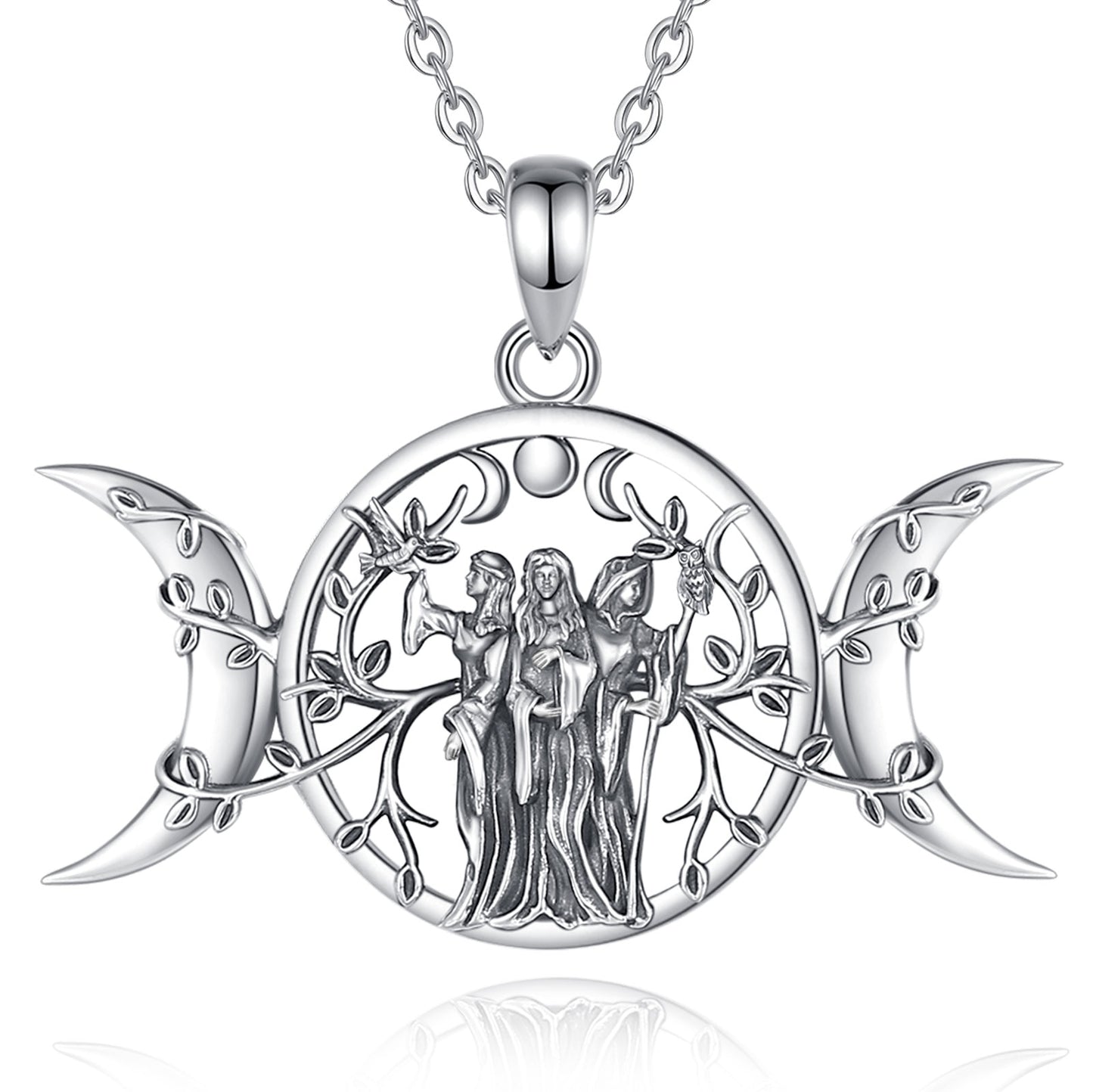Stunning sterling silver Triple Moon Goddess necklace with three figures, crescent moons, and leafy branches.