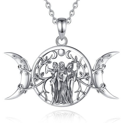 Stunning sterling silver Triple Moon Goddess necklace with three figures, crescent moons, and leafy branches.
