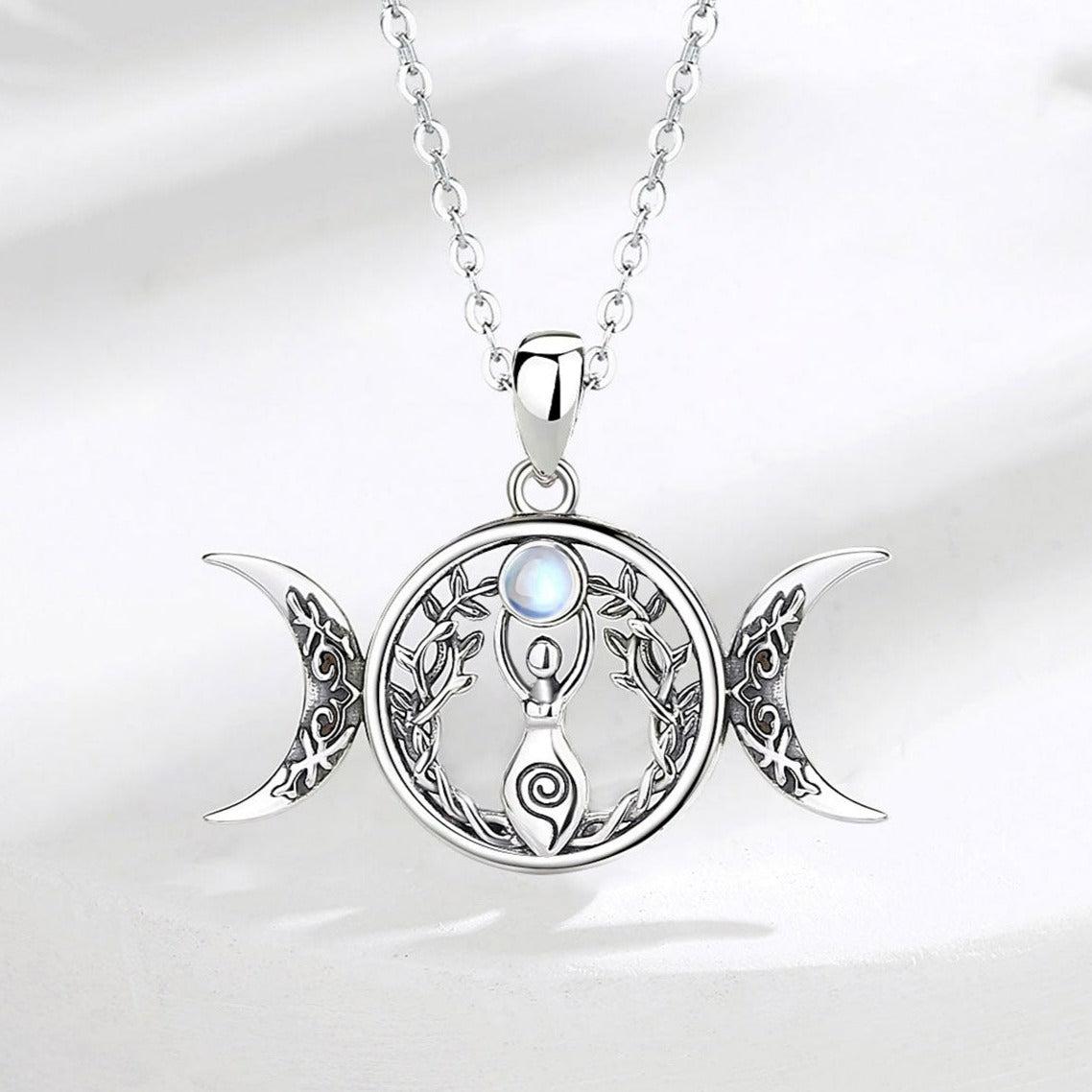 Bewitching 925 Sterling Silver Triple Moon Goddess necklace with Hecate Amulet, Tree of Life, and moonstone.