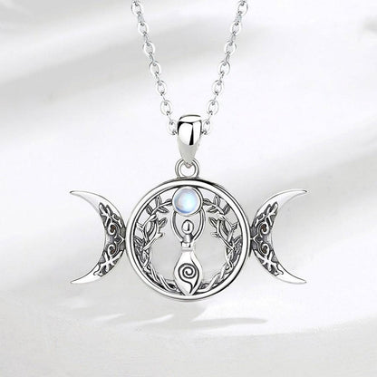 Bewitching 925 Sterling Silver Triple Moon Goddess necklace with Hecate Amulet, Tree of Life, and moonstone.