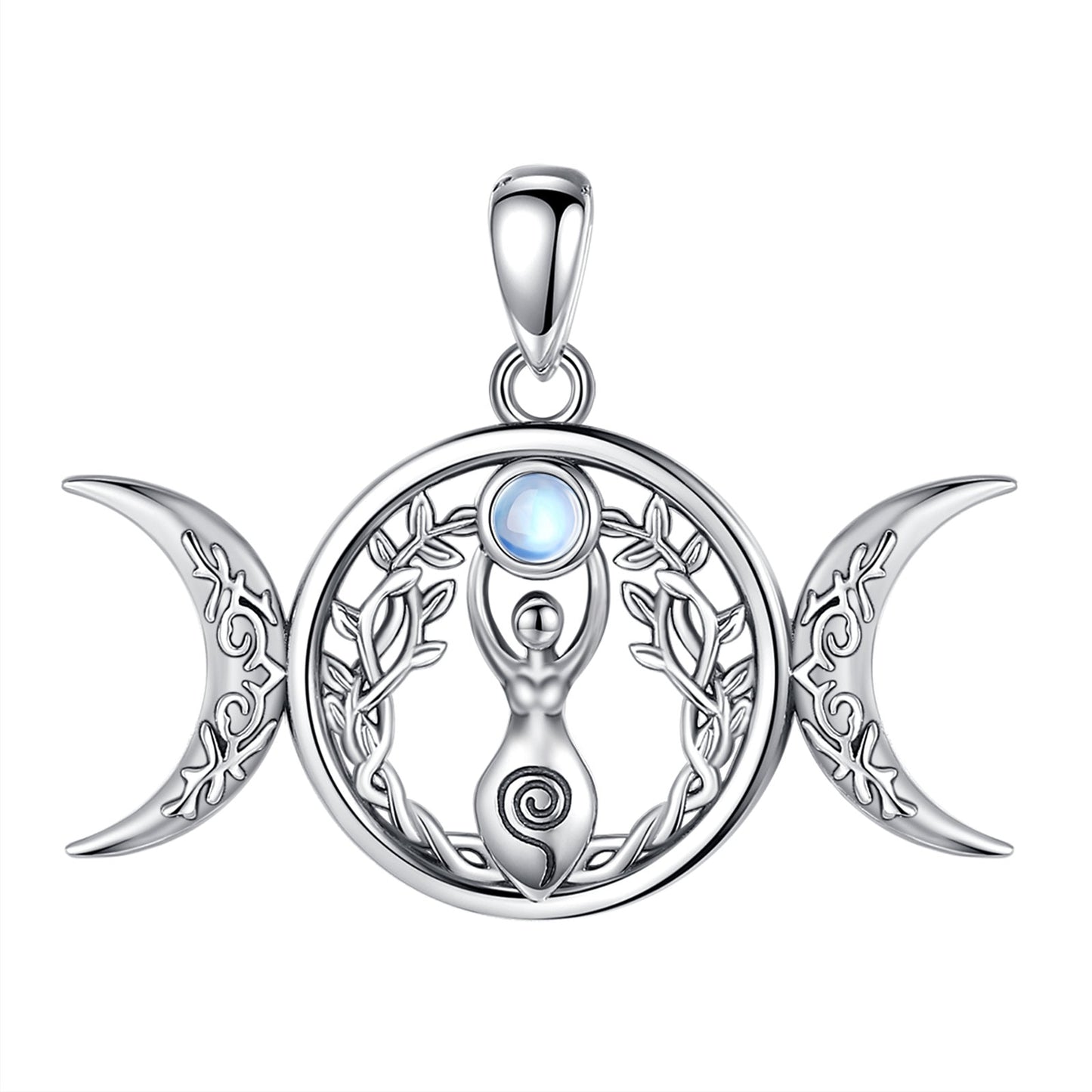 Sterling silver Triple Moon Goddess Hecate Amulet with Tree of Life and blue gemstone.