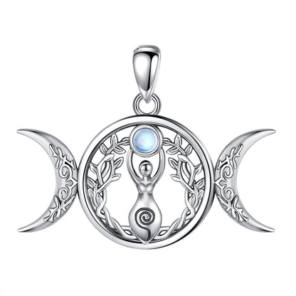 Sterling silver Triple Moon Goddess Hecate Amulet with Tree of Life and blue gemstone.