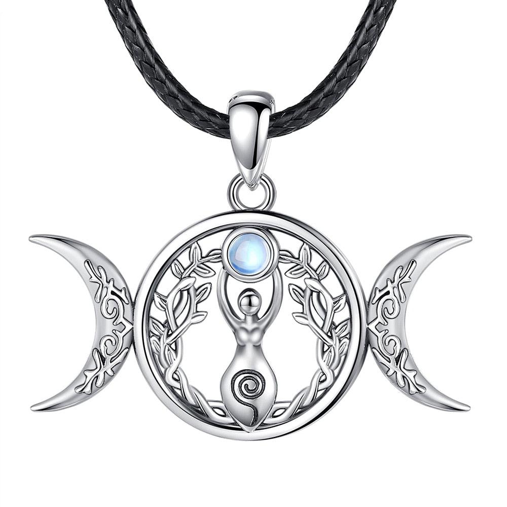 Sterling silver Triple Moon Goddess necklace with Hecate Amulet, Tree of Life, and moonstone on a black cord.