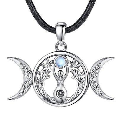 Sterling silver Triple Moon Goddess necklace with Hecate Amulet, Tree of Life, and moonstone on a black cord.