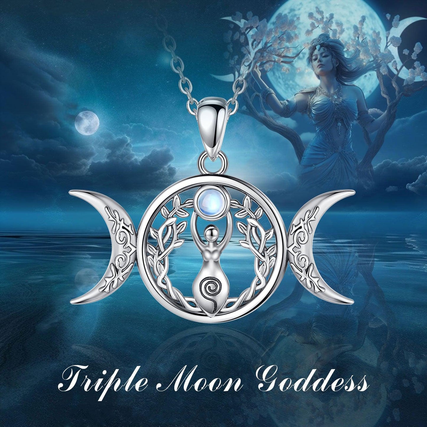 Bewitching 925 Sterling Silver Triple Moon Goddess necklace with Hecate Amulet & Tree of Life design.