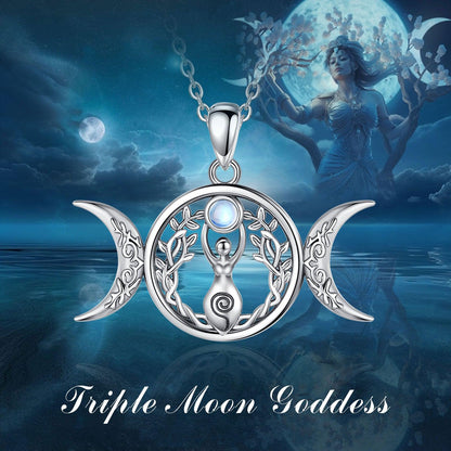 Bewitching 925 Sterling Silver Triple Moon Goddess necklace with Hecate Amulet & Tree of Life design.
