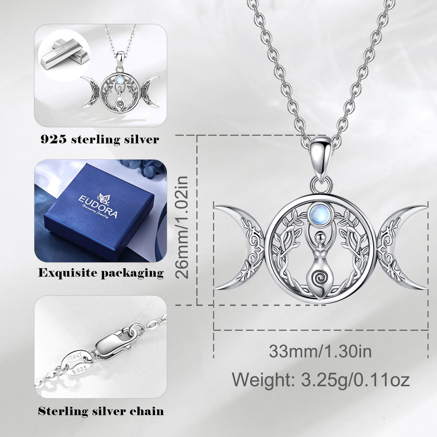 Sterling silver Triple Moon Goddess necklace with Hecate Amulet & Tree of Life, 26x33mm pendant.