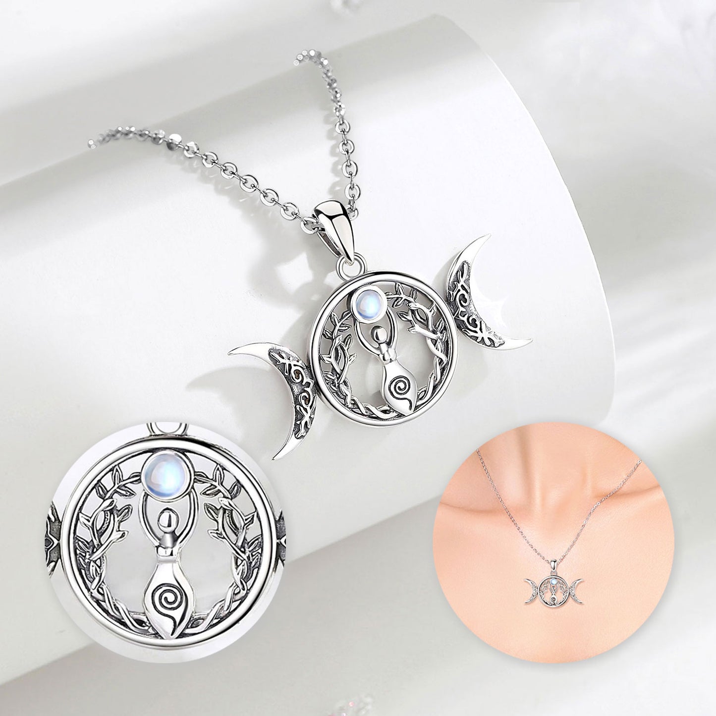 Sterling silver Triple Moon Goddess necklace with Hecate Amulet, Tree of Life, and moonstone.