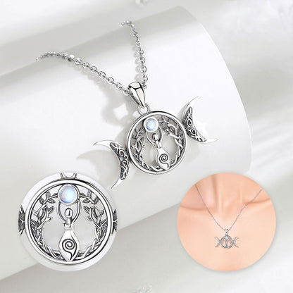 Sterling silver Triple Moon Goddess necklace with Hecate Amulet, Tree of Life, and moonstone.