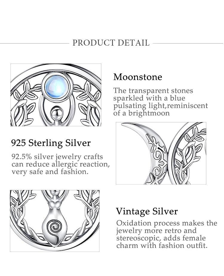 Sterling silver Triple Moon Goddess pendant with blue moonstone & Tree of Life design.