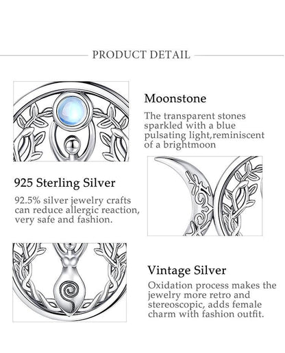 Sterling silver Triple Moon Goddess pendant with blue moonstone & Tree of Life design.