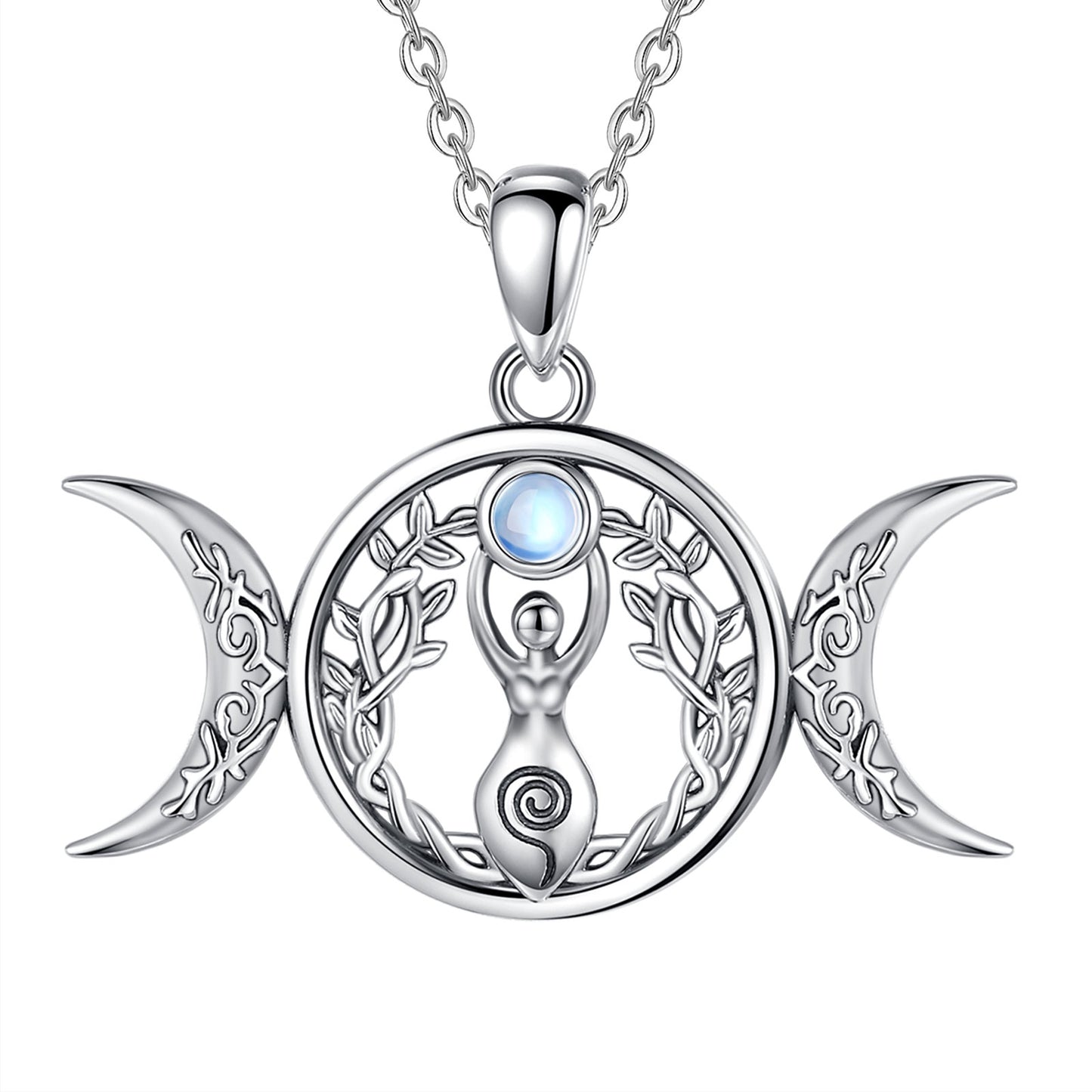 Glimmering 925 Sterling Silver Triple Moon Goddess necklace with Hecate Amulet, Tree of Life, and moonstone.