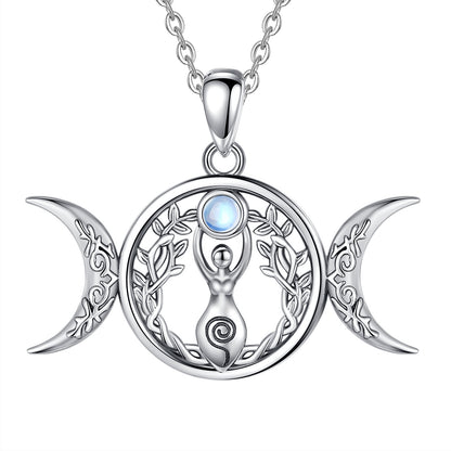 Glimmering 925 Sterling Silver Triple Moon Goddess necklace with Hecate Amulet, Tree of Life, and moonstone.
