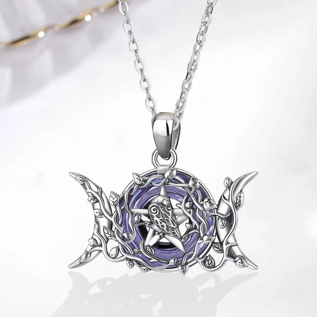 Triple Moon Goddess Necklace Purple Crystal Wiccan Moon Necklace 925 Silver Pagan Jewelry-MoonChildWorld